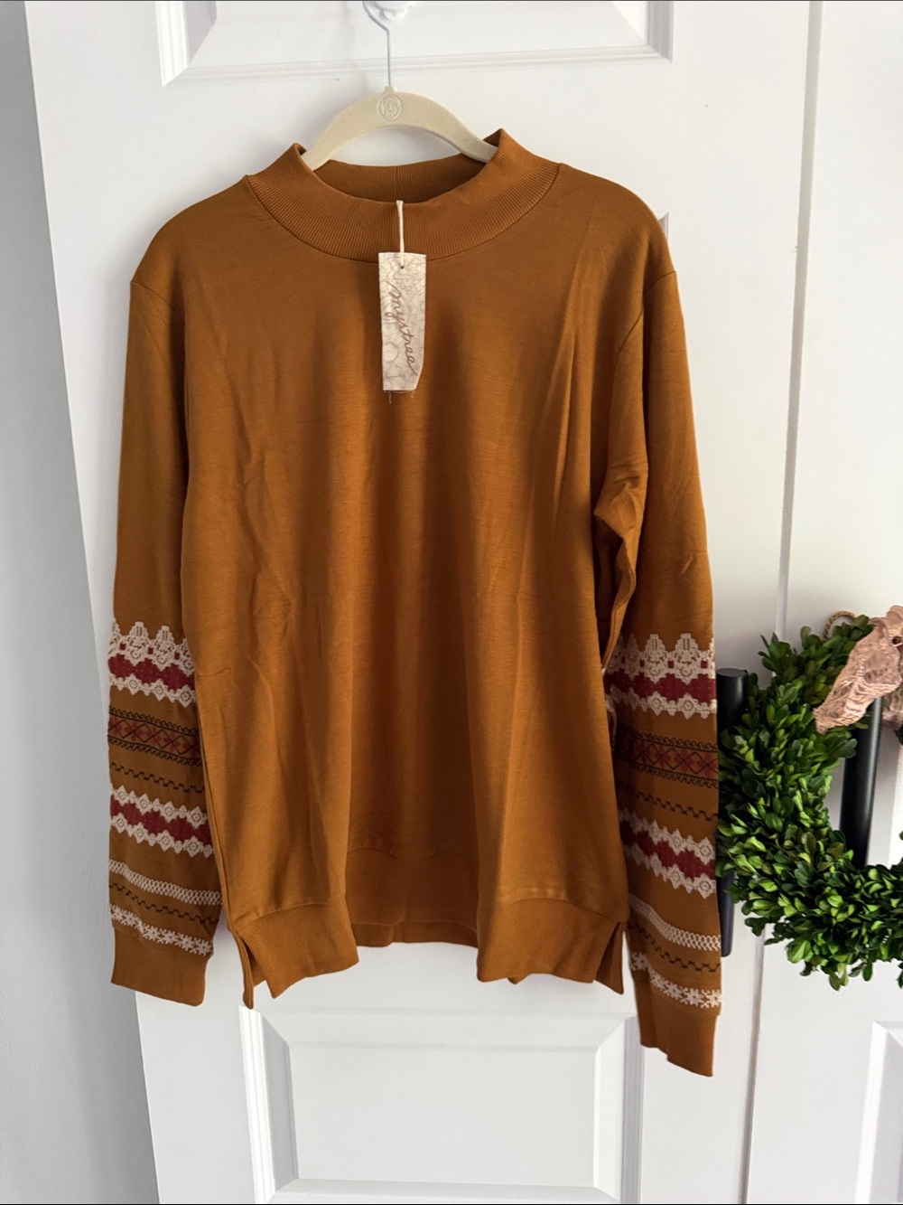 Crewneck Sweater in Mustard with embroidered Patterned Sleeves - Picture 2 of 8